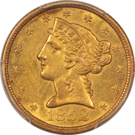 $5 1852 $5 LIBERTY HEAD GOLD HALF EAGLE, NO MOTTO – PCGS AU-55, FRESH & FLASHY!