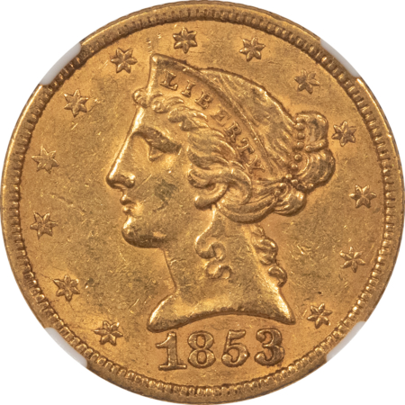 $5 1853 $5 LIBERTY GOLD, NO MOTTO, NGC AU-55!