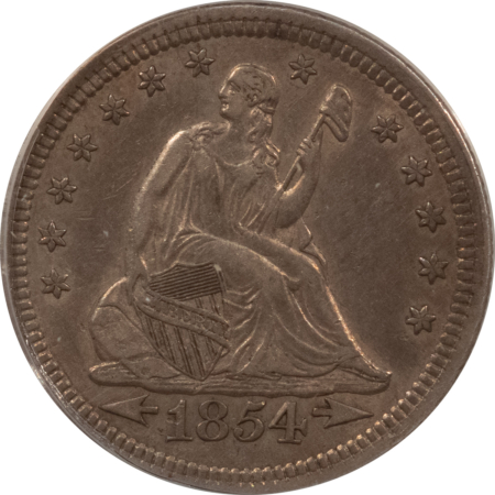 Liberty Seated Quarters 1854 SEATED LIBERTY QUARTER, ARROWS, CLEANED – ANACS AU-50 DETAILS, NICE LOOK