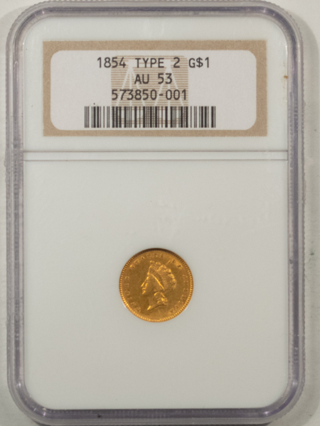 $1 1854 TYPE 2 $1 GOLD DOLLAR – NGC AU-53