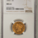 $5 1853 $5 LIBERTY GOLD, NO MOTTO, NGC AU-55!