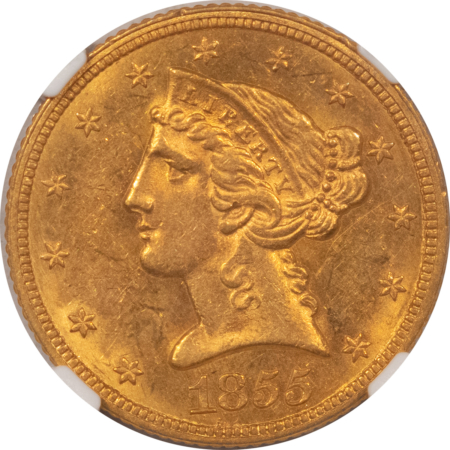 $5 1855 $5 LIBERTY GOLD, NO MOTTO, NGC MS-61, LUSTROUS WITH A REALLY NICE “LOOK”!