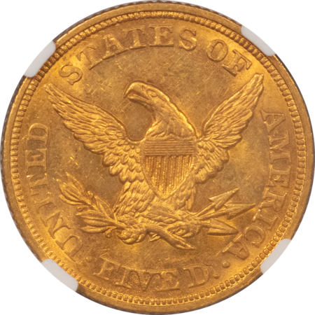 $5 1855 $5 LIBERTY GOLD, NO MOTTO, NGC MS-61, LUSTROUS WITH A REALLY NICE “LOOK”!