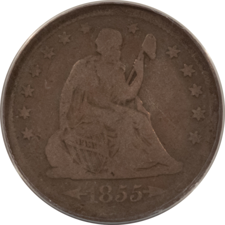 Liberty Seated Quarters 1855-S SEATED LIBERTY QUARTER – ANACS G-6, SCARCE DATE!