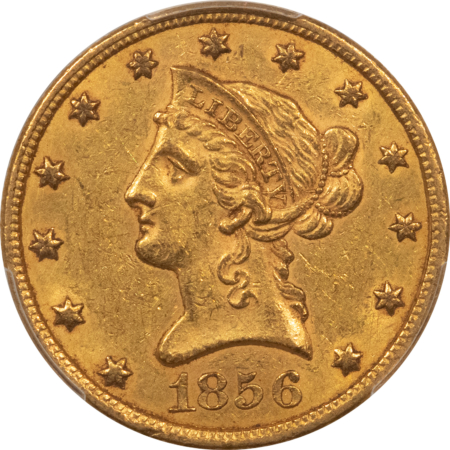 $10 1856 $10 LIBERTY GOLD EAGLE, NO MOTTO – PCGS AU-55, LOW MINTAGE & SCARCE!