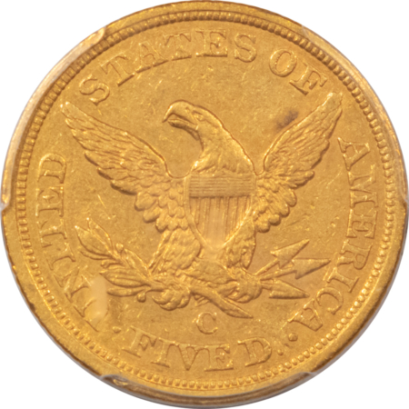 $5 1856-C $5 LIBERTY GOLD, PCGS AU-53; A SCARCE CHARLOTTE GOLD COIN-WELL STRUCK!