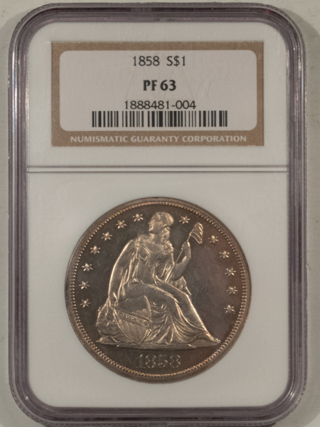 Liberty Seated Dollars 1858 PROOF SEATED LIBERTY DOLLAR NGC PF-63, CHOICE, ATTRACTIVE & DOWNRIGHT RARE