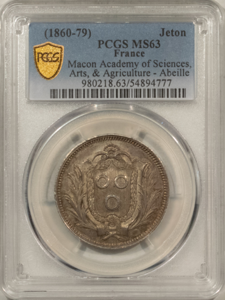 Exonumia FRANCE JETON, 1860-79 MACON ACADEMY OF SCIENCES, ARTS, 30mm SILVER, PCGS MS-63