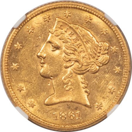 $5 1861 $5 LIBERTY GOLD, NGC AU-58, POPULAR CIVIL WAR DATE, PQ+ & LOOKS MS-61!
