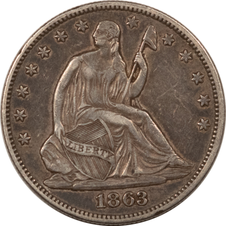 Liberty Seated Halves 1863 SEATED LIBERTY HALF DOLLAR – HIGH GRADE CIRC EXAMPLE, TOUGH CIVIL WAR DATE!