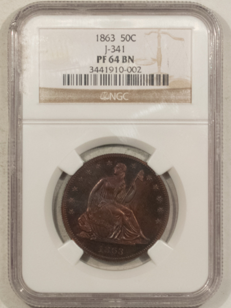 Half Dollars 1863 LIBERTY SEATED HALF DOLLAR COPPER PATTERN J-341, GOD OUR TRUST NGC PF-64 BN