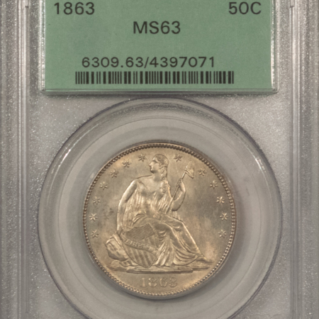 Liberty Seated Halves 1863 SEATED LIBERTY HALF DOLLAR – PCGS MS-63 OGH, RARE CIVIL WAR DATE! FRESH, PQ