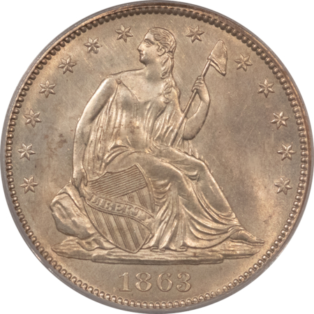 Liberty Seated Halves 1863 SEATED LIBERTY HALF DOLLAR – PCGS MS-63 OGH, RARE CIVIL WAR DATE! FRESH, PQ