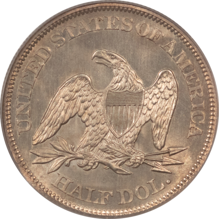 Liberty Seated Halves 1863 SEATED LIBERTY HALF DOLLAR – PCGS MS-63 OGH, RARE CIVIL WAR DATE! FRESH, PQ