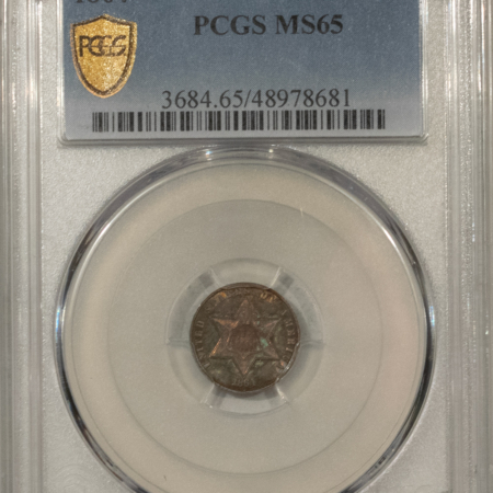 New Certified Coins 1864 THREE CENT SILVER – PCGS MS-65, PRETTY GEM! RARE CIVIL WAR BUSINESS STRIKE!