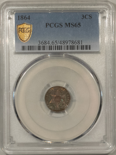 New Certified Coins 1864 THREE CENT SILVER – PCGS MS-65, PRETTY GEM! RARE CIVIL WAR BUSINESS STRIKE!