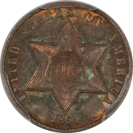 New Certified Coins 1864 THREE CENT SILVER – PCGS MS-65, PRETTY GEM! RARE CIVIL WAR BUSINESS STRIKE!