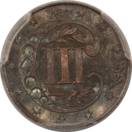 New Certified Coins 1864 THREE CENT SILVER – PCGS MS-65, PRETTY GEM! RARE CIVIL WAR BUSINESS STRIKE!