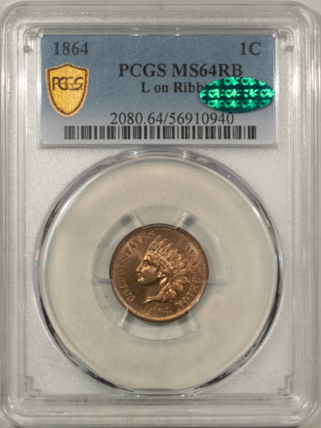 CAC Approved Coins 1864 L ON RIBBON INDIAN CENT – PCGS MS-64 RB CAC, STUNNING LOOK, PQ & LOOKS GEM+