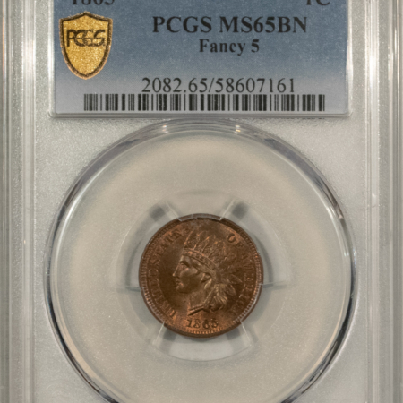 Indian 1865 INDIAN CENT, FANCY 5, PCGS MS-65 BN, SHOULD HAVE BEEN DESIGNATED RB-PQ!