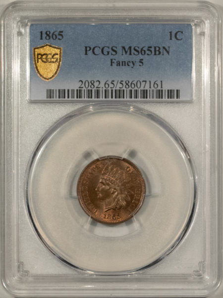 Indian 1865 INDIAN CENT, FANCY 5, PCGS MS-65 BN, SHOULD HAVE BEEN DESIGNATED RB-PQ!