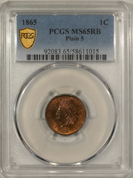 Indian 1865 INDIAN 1c, PLAIN 5, PCGS MS-65 RB, VERY FRESH & RED ON THE REVERSE!