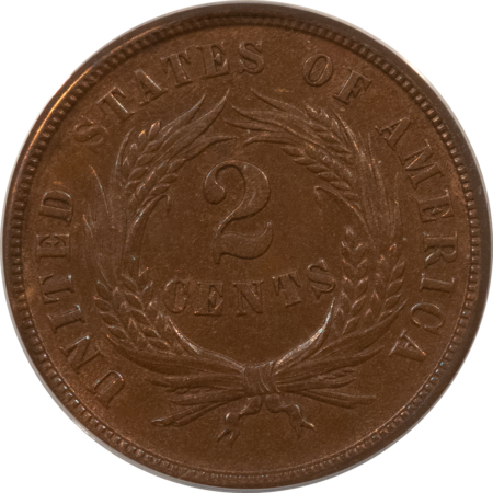 New Certified Coins 1865 TWO CENT PIECE, PLAIN 5 – ANACS MS-63 BN, SMOOTH & CHOICE!