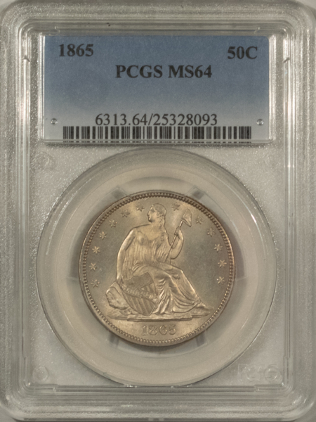 Liberty Seated Halves 1865 SEATED LIBERTY HALF DOLLAR PCGS MS-64 FRESH, LUSTROUS, RARE CIVIL WAR DATE!