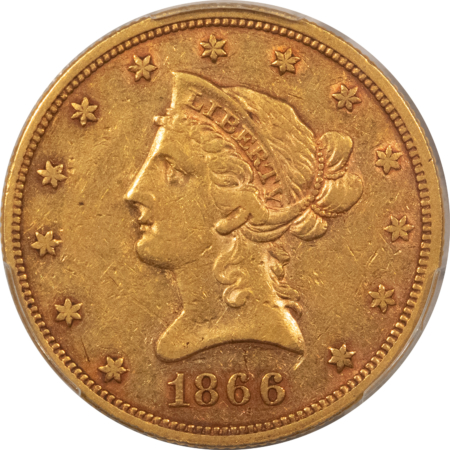 $10 1866 $10 LIBERTY GOLD EAGLE, MOTTO – PCGS GENUINE, DAMAGE-AU DETAIL, 75-90 KNOWN