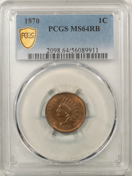 Indian 1870 INDIAN CENT – PCGS MS-64 RB, ORIGINAL AND PREMIUM QUALITY!