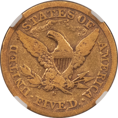 $5 1870-S $5 LIBERTY GOLD HALF EAGLE, NGC F-15 RARE! UNDER 100 KNOWN! CAC APPROVED!