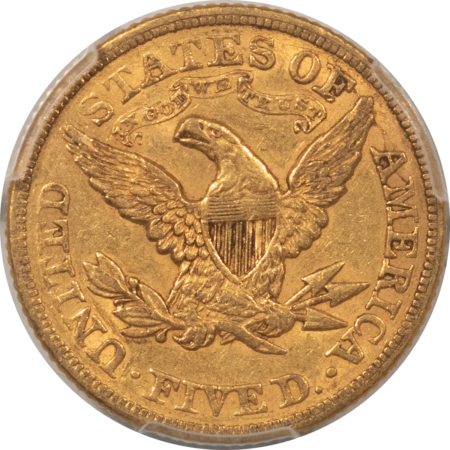 $5 1873 $5 LIBERTY GOLD, CLOSED 3, PCGS AU-50; ORIGINAL WITH RETAINED LUSTER-NICE!