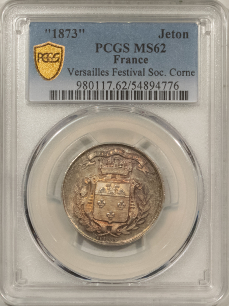 Exonumia FRANCE JETON 1873 VERSAILLES FESTIVAL SOC. CORNE, 26mm SILVER, PCGS MS-62