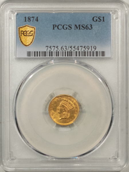 $1 1874 $1 GOLD TY III, PCGS MS-63, WHOLESOME SATINY LUSTER & CHOICE!