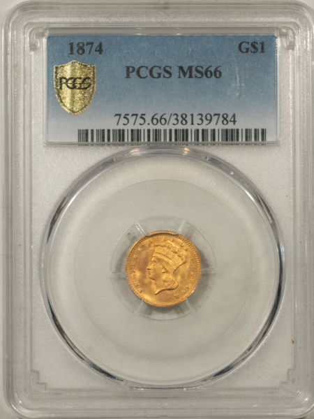 $1 1874 $1 GOLD DOLLAR – PCGS MS-66, FRESH & PRETTY!