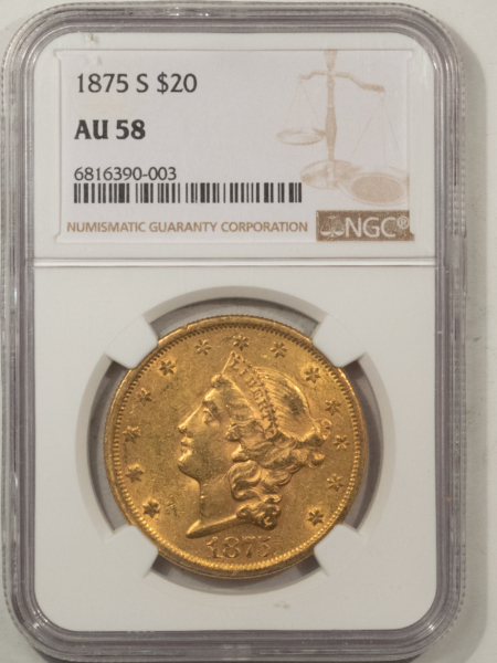 $20 1875-S TYPE 2 $20 LIBERTY HEAD DOUBLE EAGLE – NGC AU-58