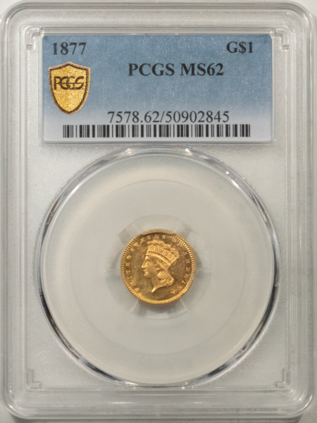 $1 1877 $1 GOLD DOLLAR – PCGS MS-62, TOUGH DATE, 3900 MINTAGE!