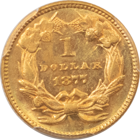$1 1877 $1 GOLD DOLLAR – PCGS MS-62, TOUGH DATE, 3900 MINTAGE!