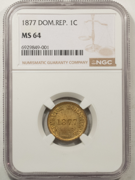 New Store Items 1877 DOMINICAN REPUBLIC 1 CENTAVO, KM-3 – NGC MS-64, FLASHY