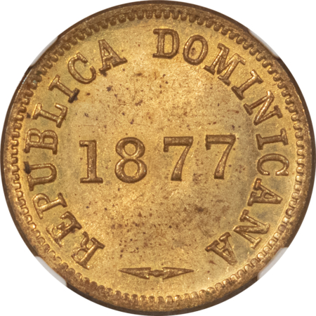New Store Items 1877 DOMINICAN REPUBLIC 1 CENTAVO, KM-3 – NGC MS-64, FLASHY
