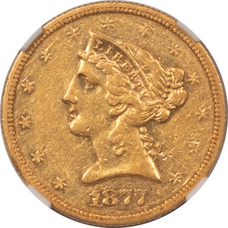 $5 SCARCE 1877-S $5 GOLD, NGC AU-53; LOW MINTAGE & EXTREMELY RARE IN UNC!