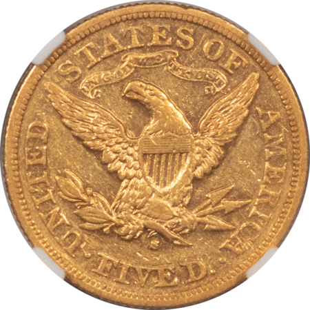 $5 SCARCE 1877-S $5 GOLD, NGC AU-53; LOW MINTAGE & EXTREMELY RARE IN UNC!