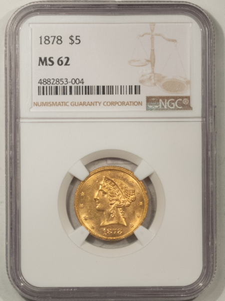$5 1878 $5 LIBERTY GOLD, NGC MS-62; FLASHY AND LOOKS CHOICE!