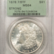 Morgan Dollars 1878 7TF $1 MORGAN DOLLAR, REVERSE OF 1878 – PCGS GENUINE, CLEANED-AU DETAIL!