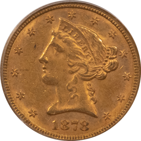 $5 1878-S $5 LIBERTY GOLD HALF EAGLE – PCGS AU-58 OLD GREEN HOLDER, PREMIUM QUALITY