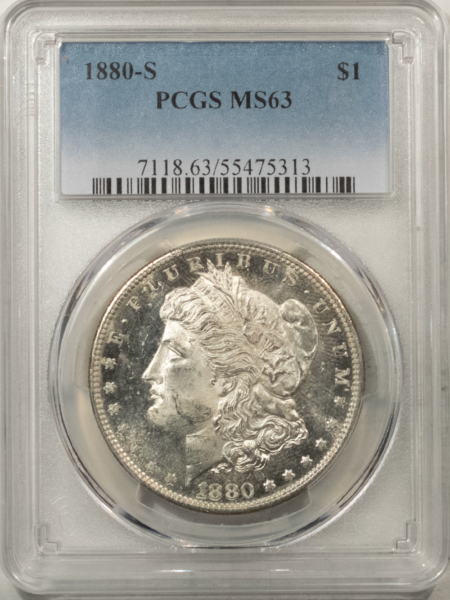 Morgan Dollars 1880-S $1 MORGAN DOLLAR – PCGS MS-63, SUPER DMPL OBVERSE!