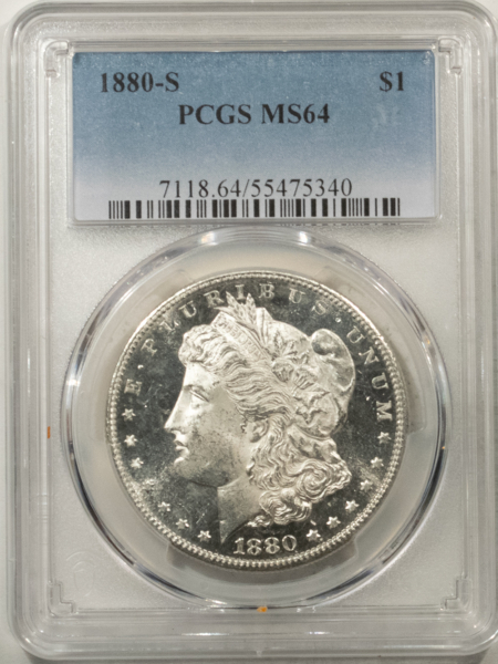 Morgan Dollars 1880-S $1 MORGAN DOLLAR – PCGS MS-64, SUPER DMPL OBVERSE!