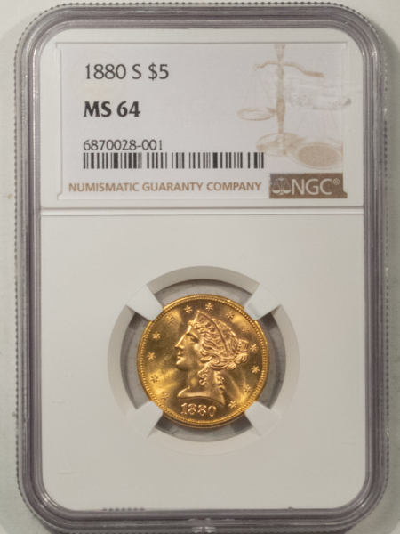 $5 1880-S $5 LIBERTY GOLD, NGC MS-64; INCREDIBLE LUSTER & CLOSE TO FULL GEM! 