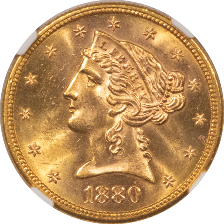 $5 1880-S $5 LIBERTY GOLD, NGC MS-64; INCREDIBLE LUSTER & CLOSE TO FULL GEM! 