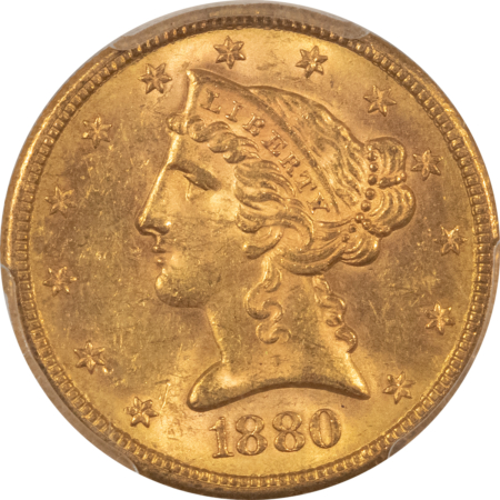 $5 1880-S $5 LIBERTY GOLD, PCGS MS-62; SATINY LUSTER-ONLY LIGHT MARKS LIMIT GRADE!